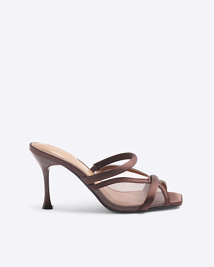 Brown Mesh Cross Strapped Heeled Mule Sandals