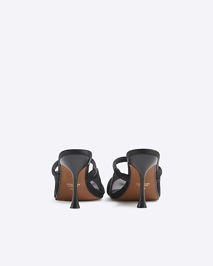 Black Mesh Cross Strapped Heeled Mule Sandals