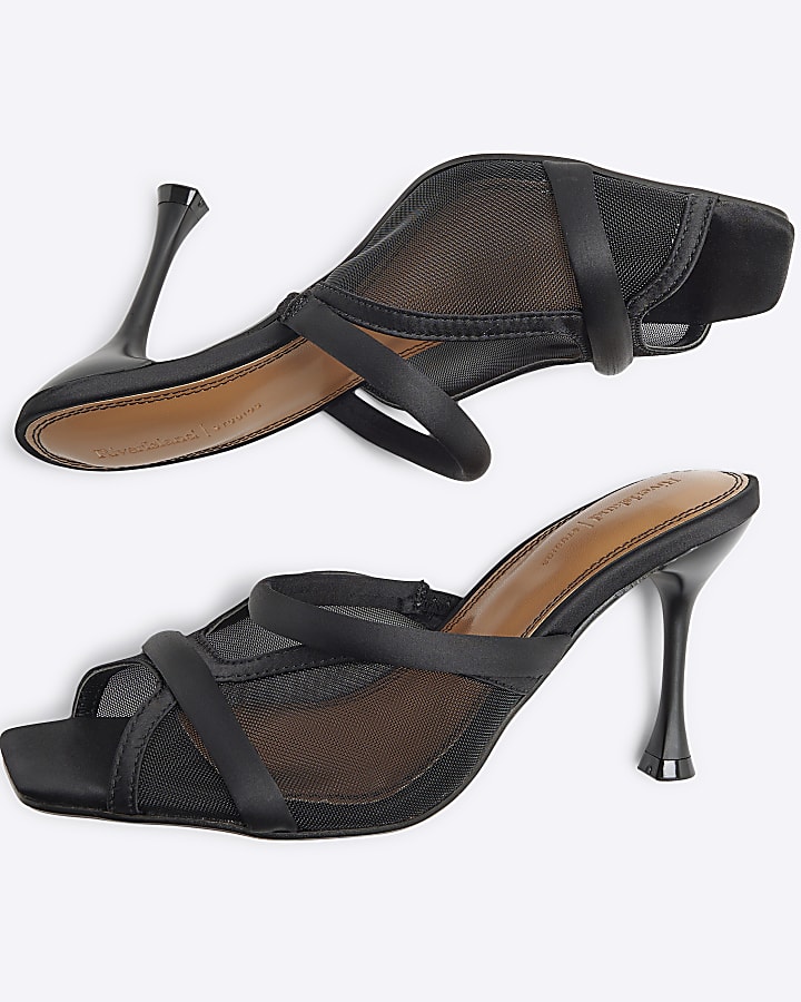 Black Mesh Cross Strapped Heeled Mule Sandals
