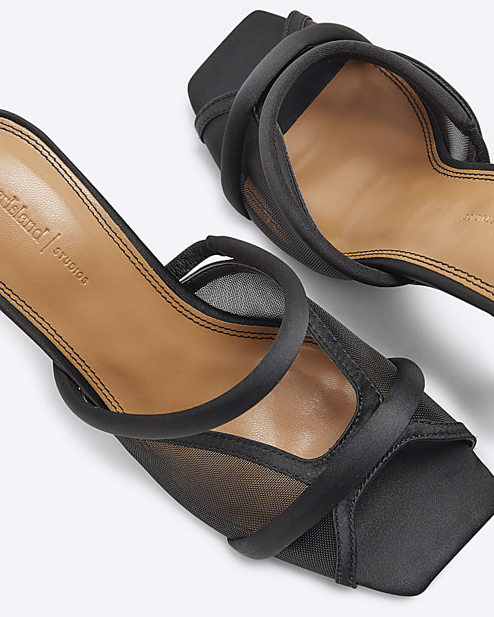 Black Mesh Cross Strapped Heeled Mule Sandals