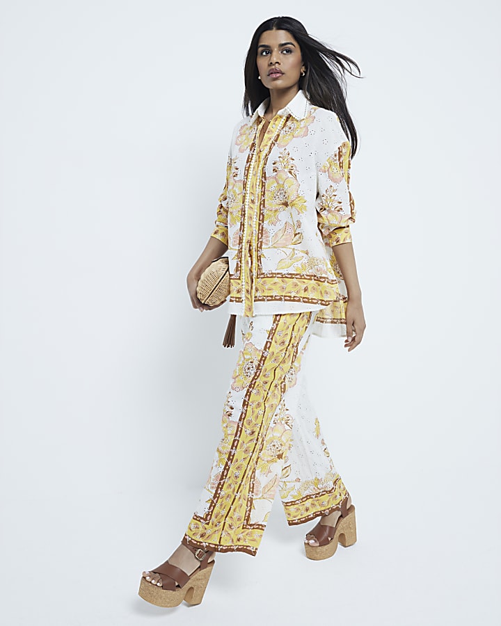 Petite Yellow Printed Broderie Trousers