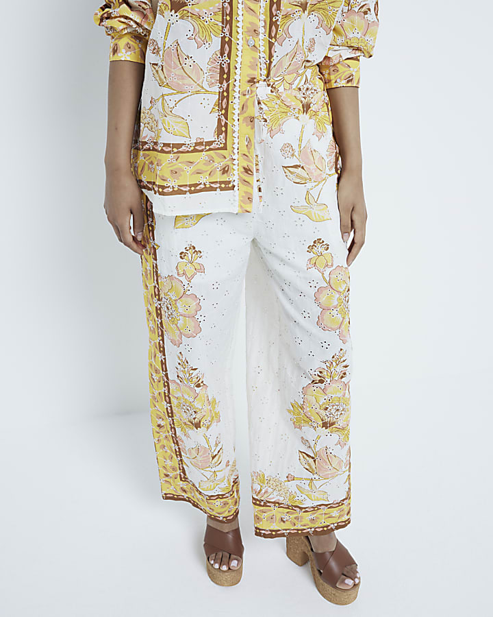 Petite Yellow Printed Broderie Trousers