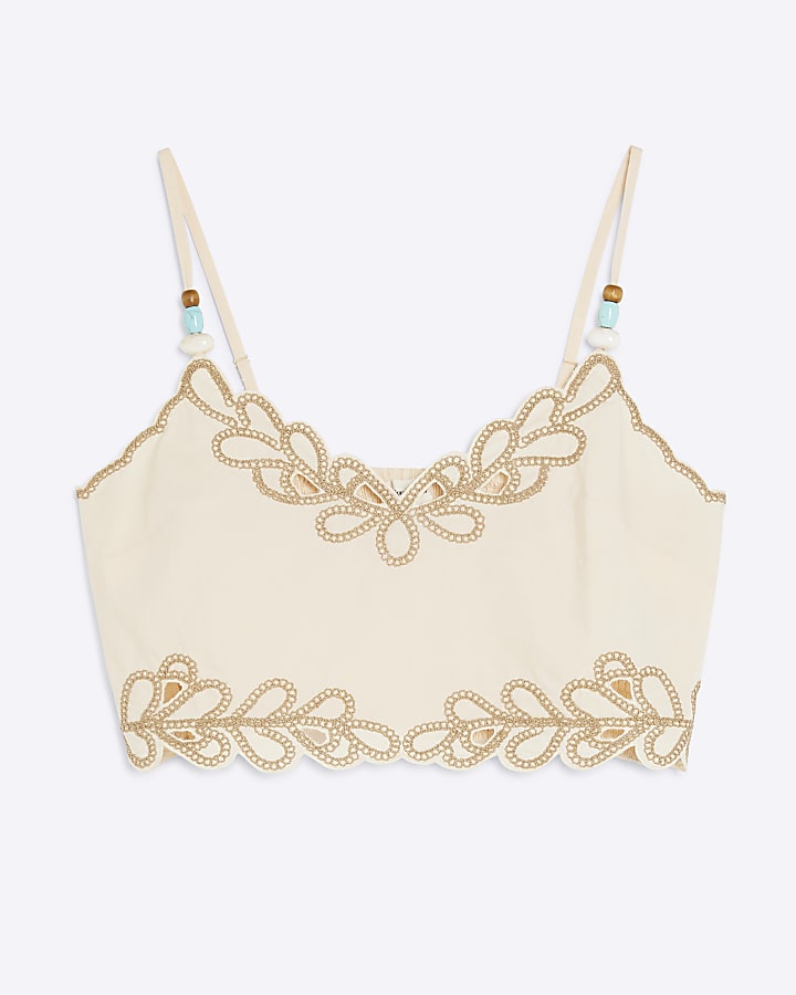 Petite Cream Embroidered Crop Top