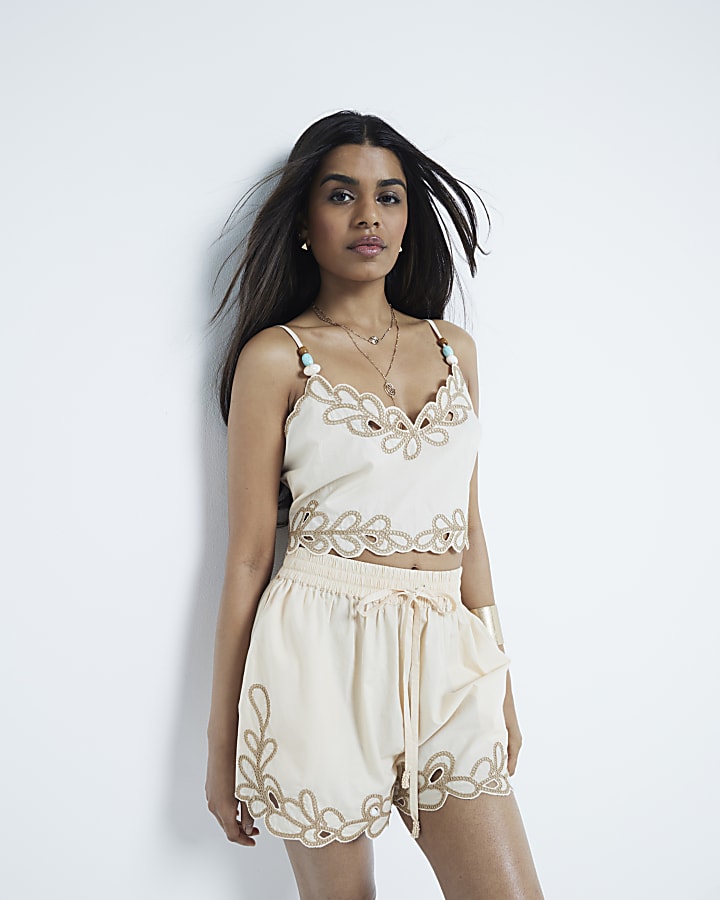 Petite Cream Embroidered Crop Top