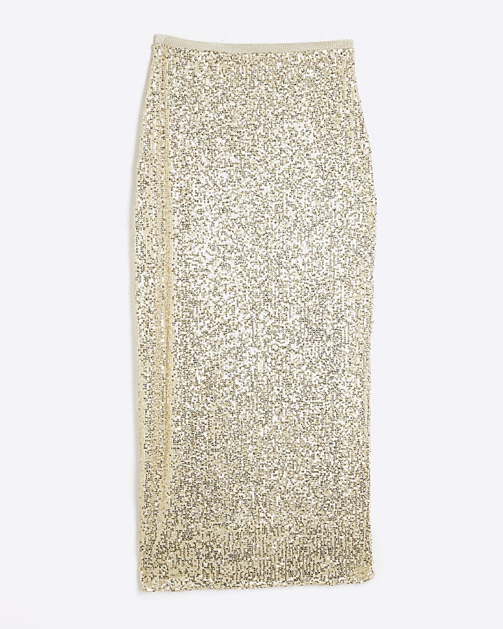 Gold Sequin Pull On Midi Skirt