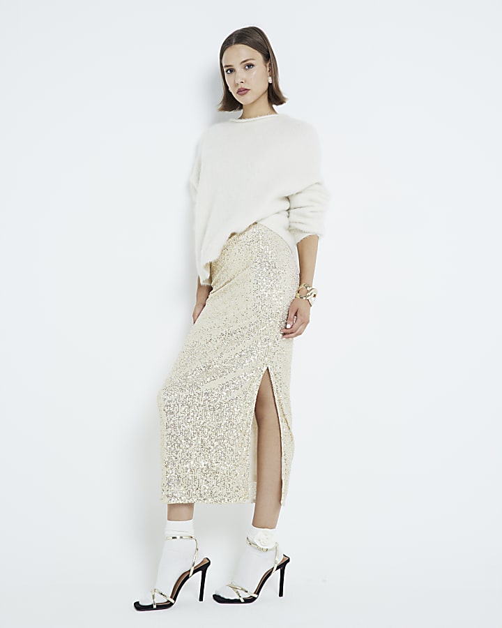 Gold Sequin Pull On Midi Skirt