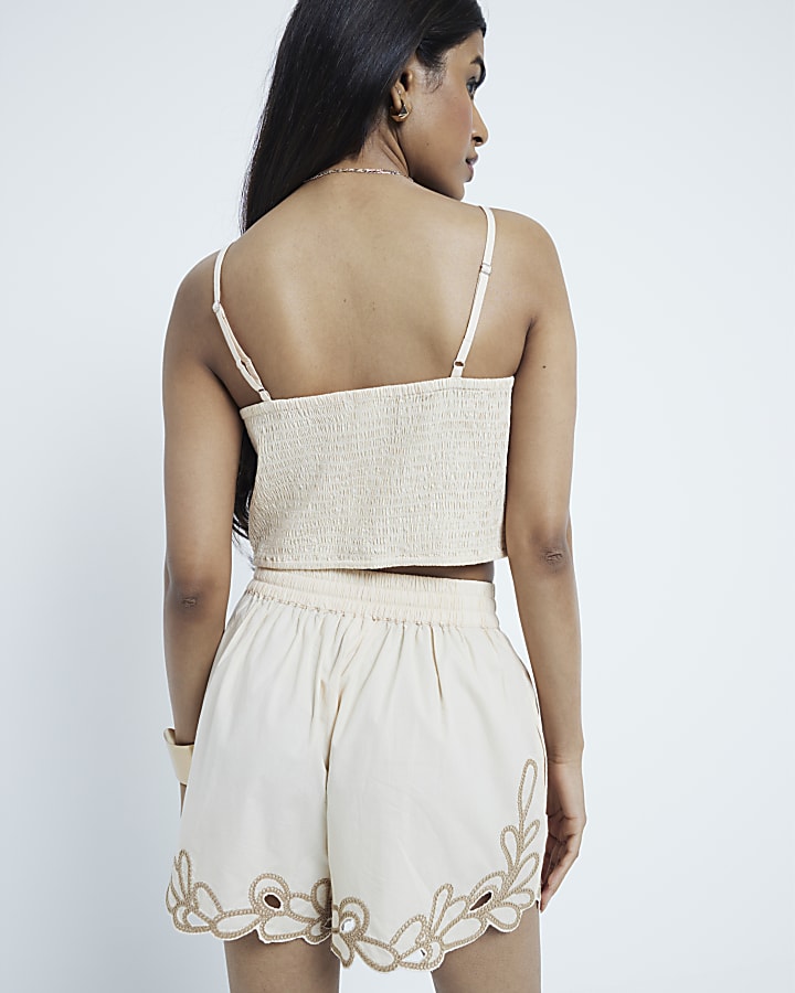 Petite Cream Embroidered Drawstring Shorts