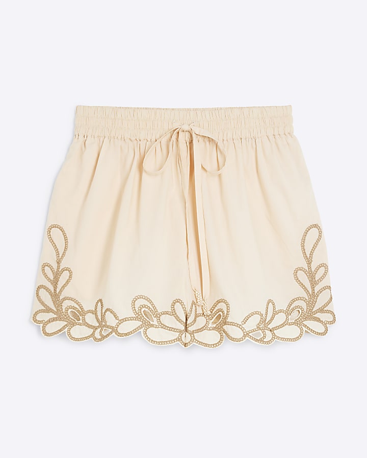 Petite Cream Embroidered Drawstring Shorts