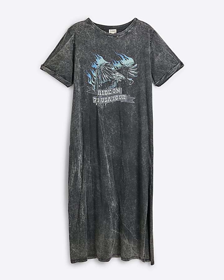 Grey short sleeve eagle print midi dress