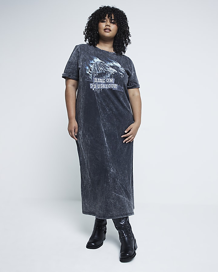 Grey short sleeve eagle print midi dress