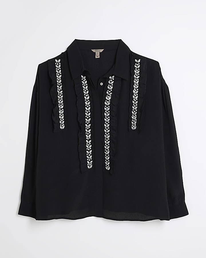 Plus Black Frill Diamante Trim Shirt