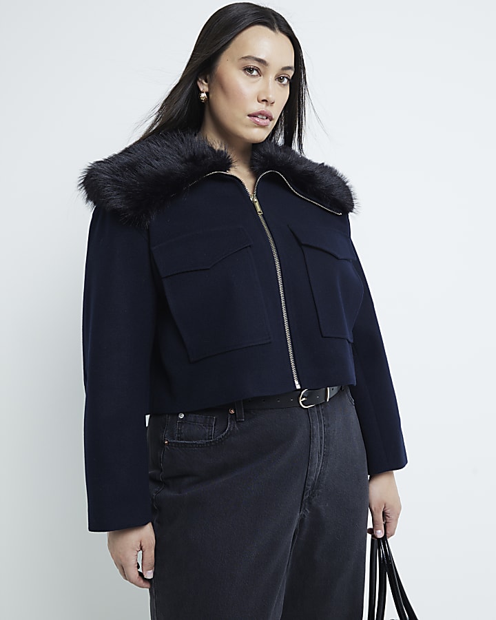 Plus Navy Faux Fur Collar Crop Jacket