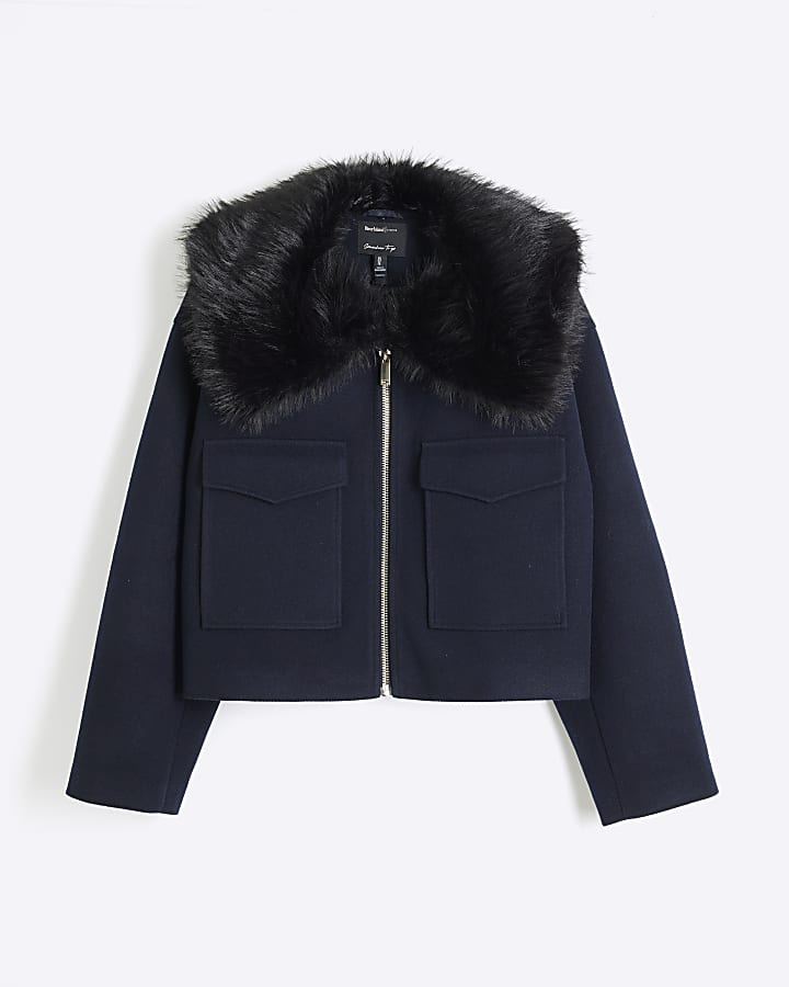 Plus Navy Faux Fur Collar Crop Jacket