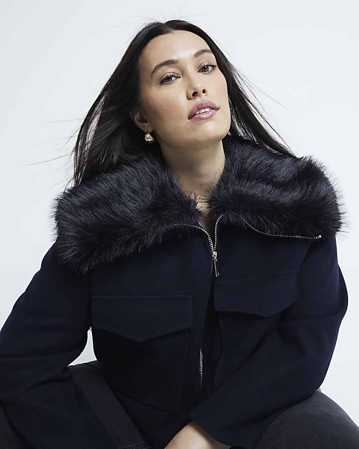 Plus Navy Faux Fur Collar Crop Jacket