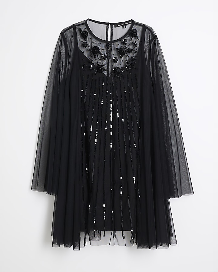Black Mesh Embellished Mini Shift Dress