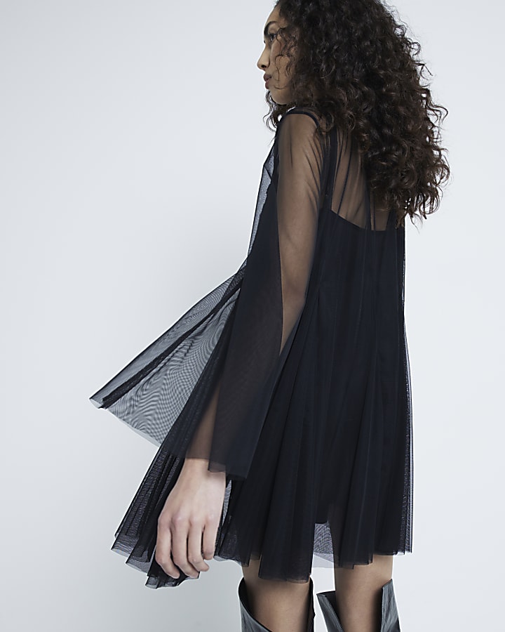 Black Mesh Embellished Mini Shift Dress
