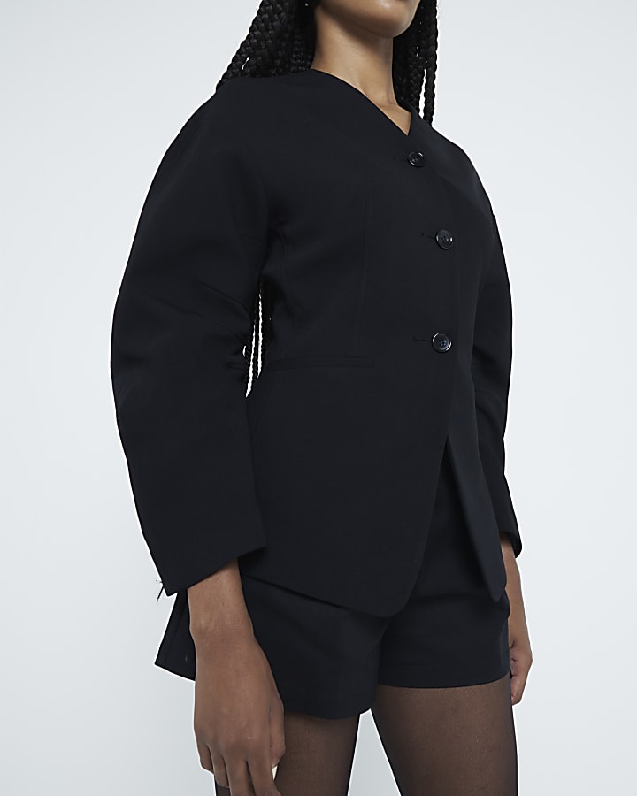 Black Puffed Sleeve Tailored Blazer