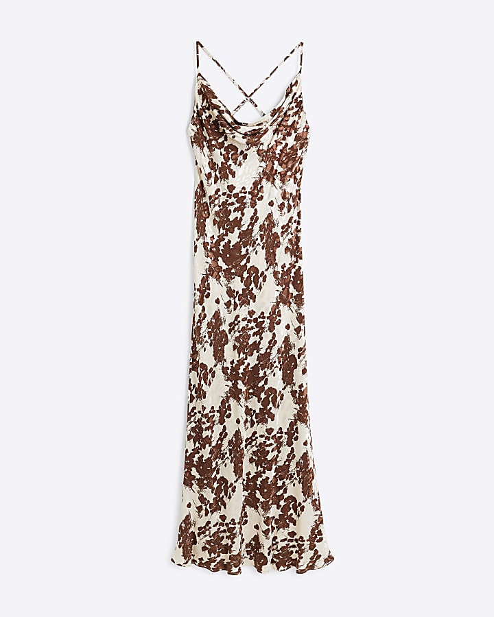 Brown Abstract print slip Maxi dress