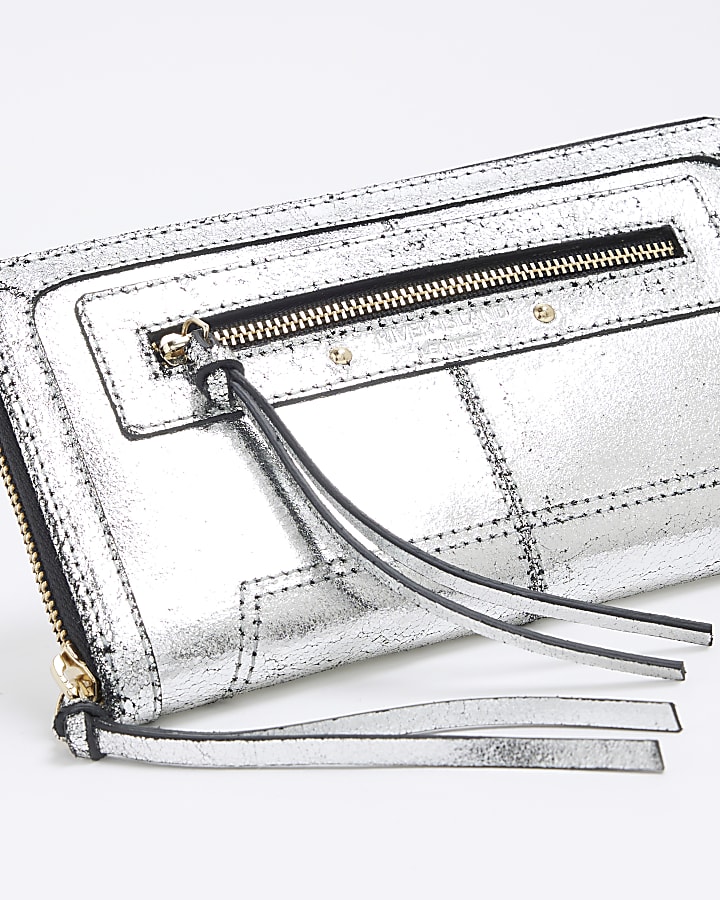 Silver Leather Zip Around Pouch