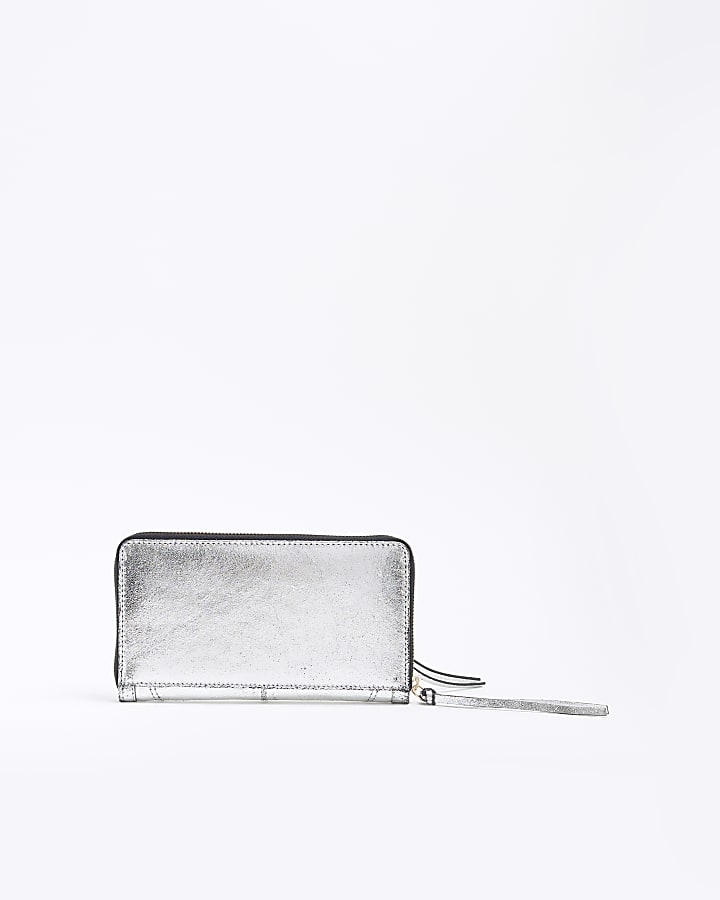 Silver Leather Zip Around Pouch