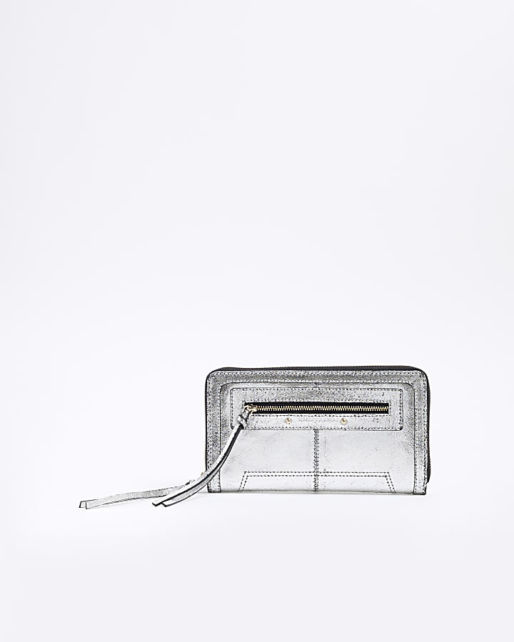 Silver Leather Zip Around Pouch