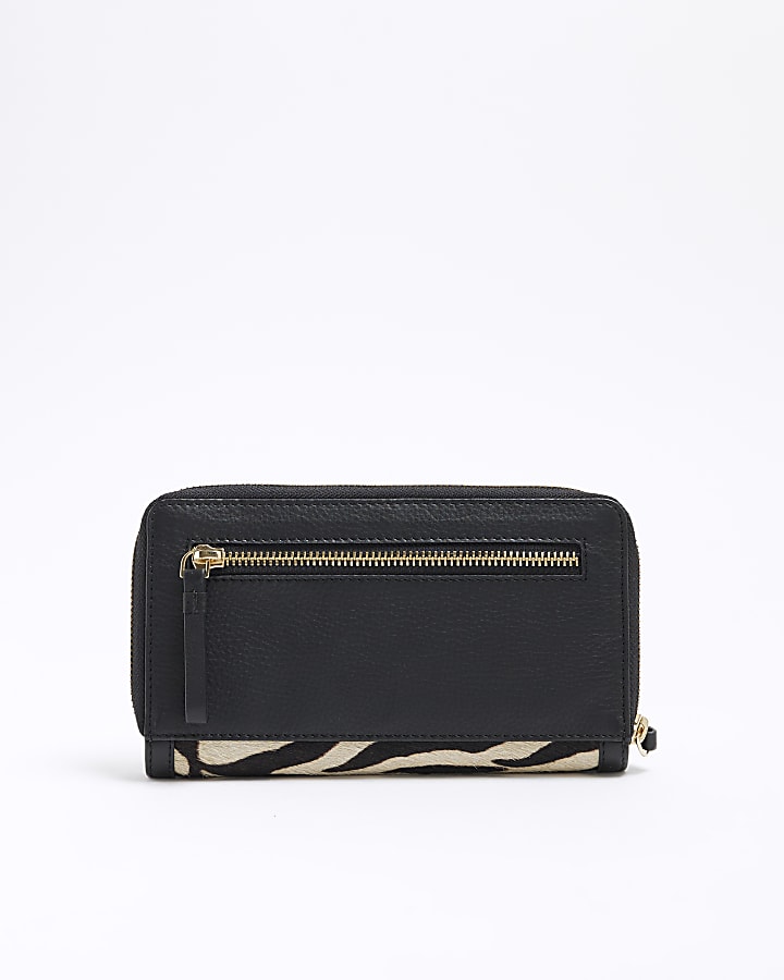 Black Leather Zebra Zip Around Purse