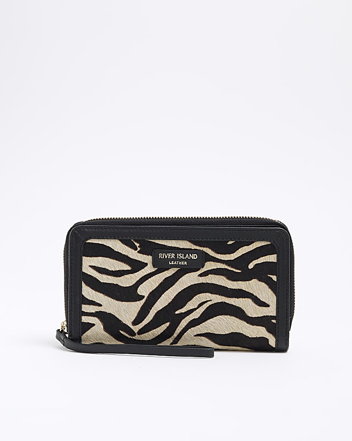 Black Leather Zebra Zip Around Purse