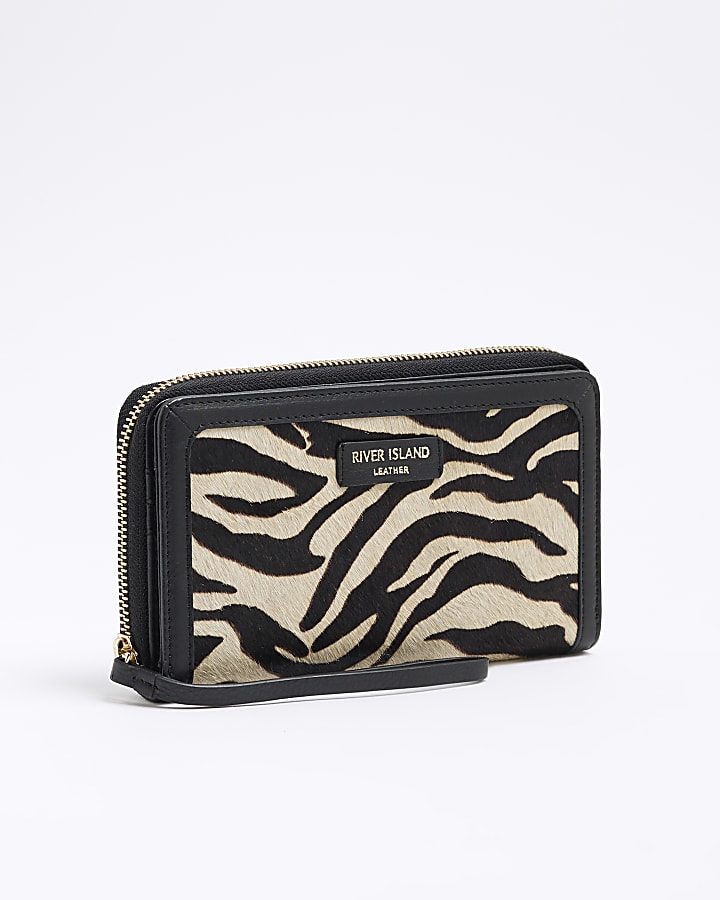 Black Leather Zebra Zip Around Purse