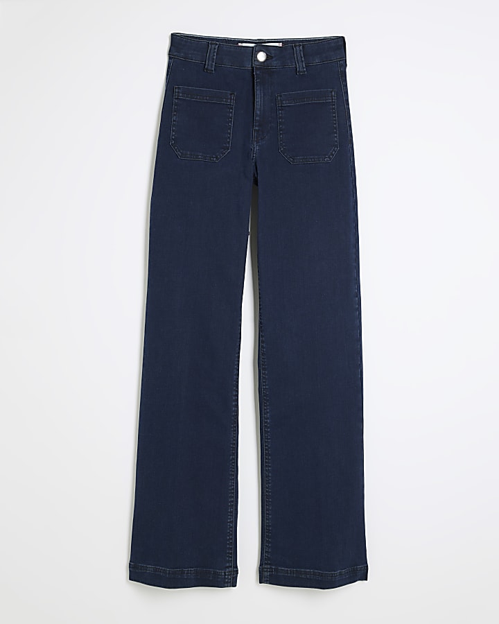 Indigo Pocket Front Wide Leg Jeans