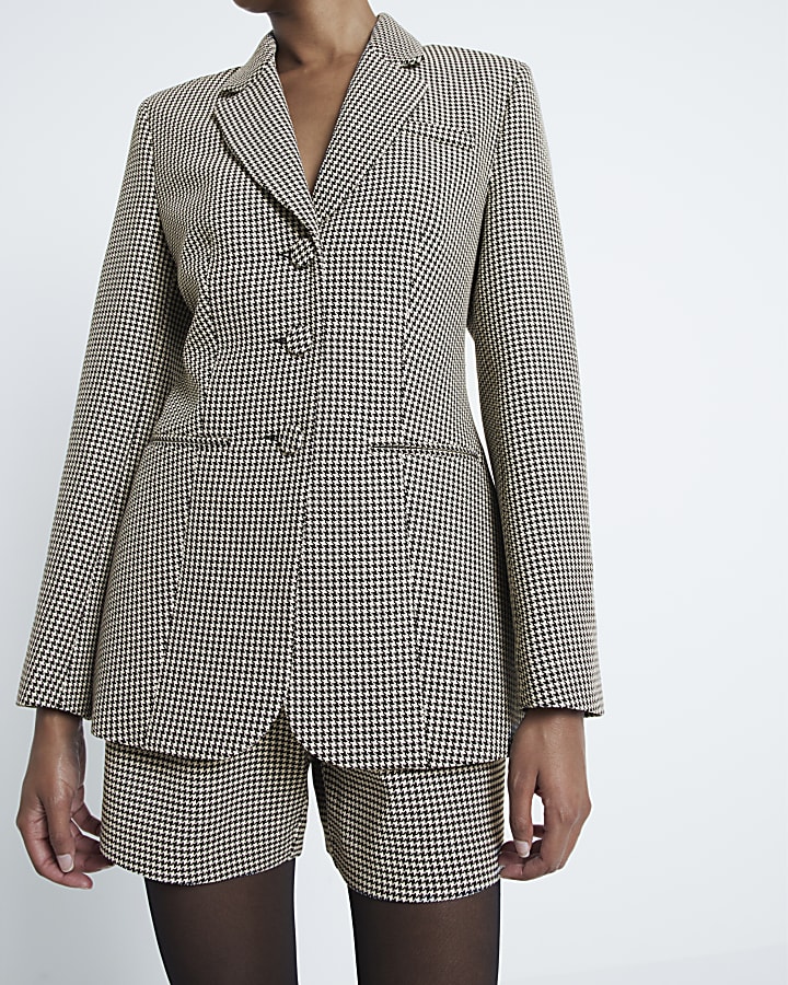 Brown Dogtooth Cinched Waist Blazer