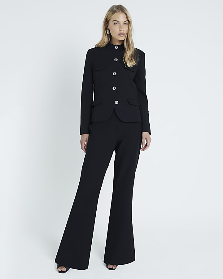 Black side split soft flared trousers