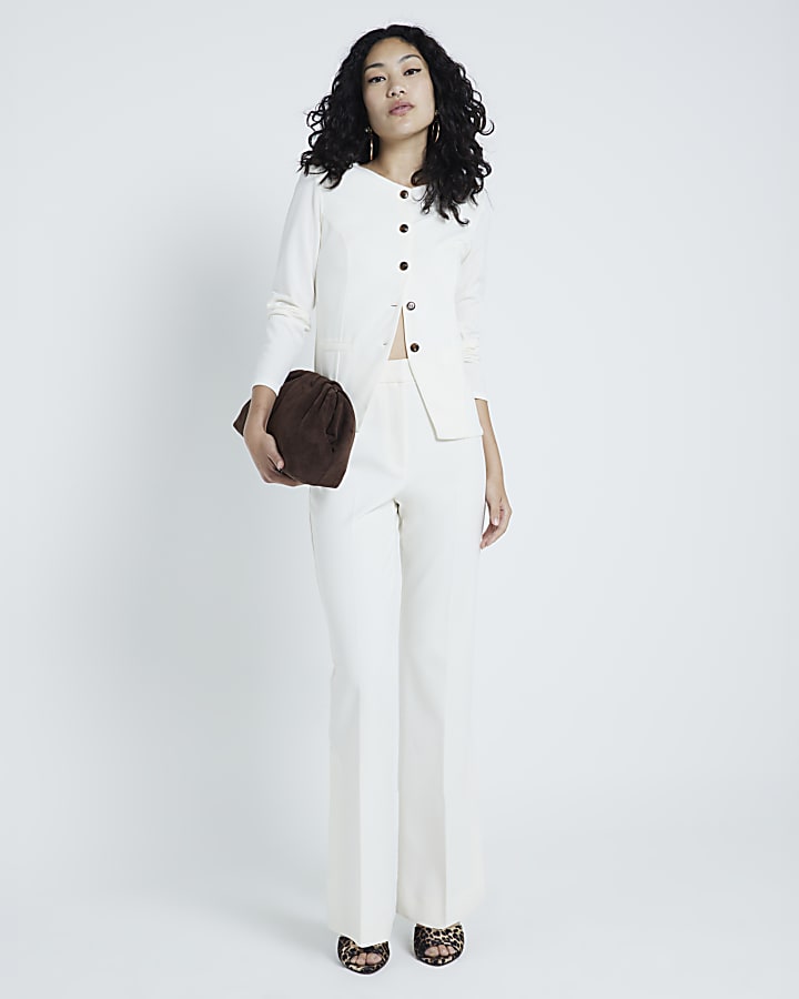 Cream side split soft flared trousers