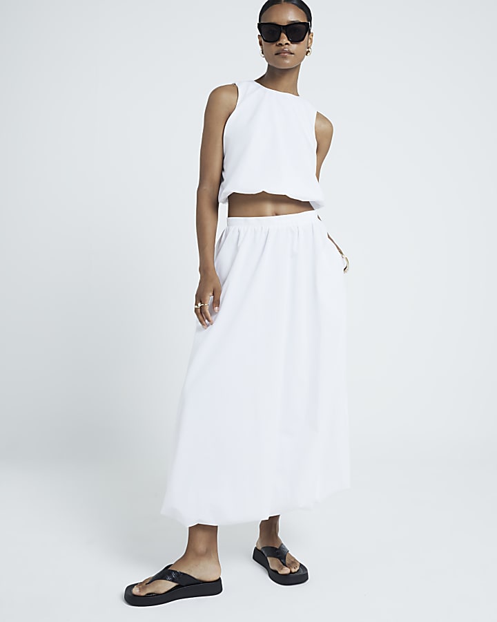 White Bubble Hem Midi Skirt