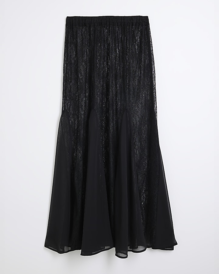 Black Godet Lace Maxi Skirt