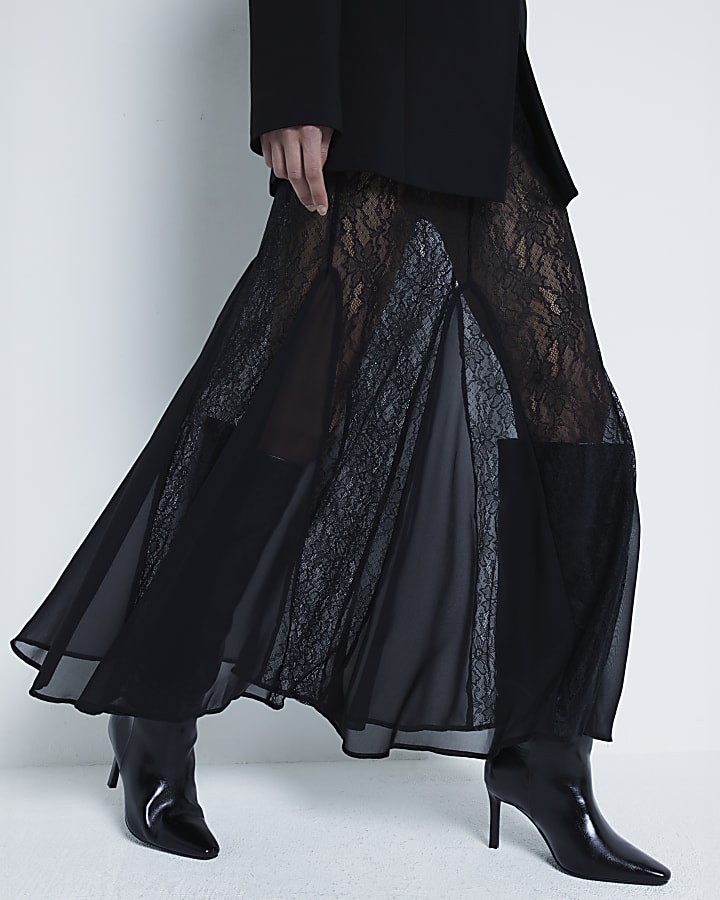 Black Godet Lace Maxi Skirt