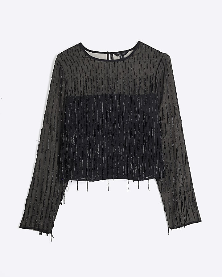 Black Premium Embellished Fringed Top