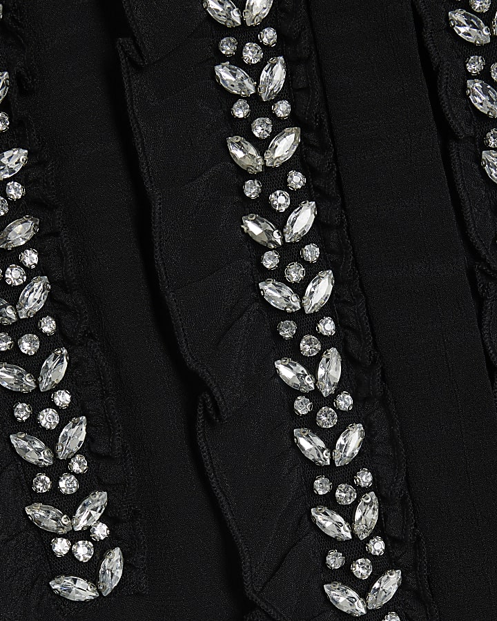 Black Frilled Diamante Trim Shirt