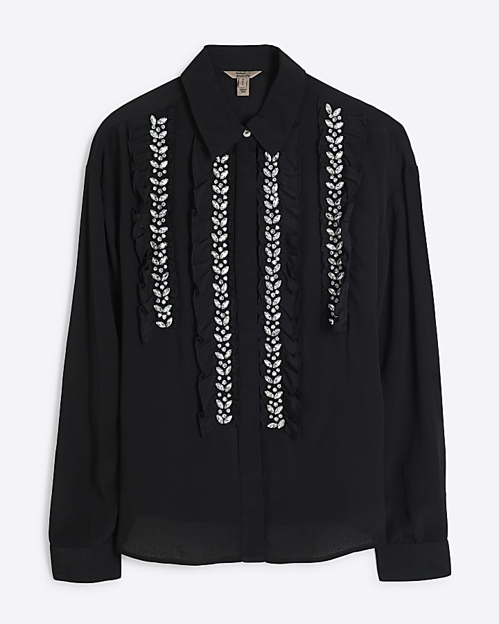 Black Frilled Diamante Trim Shirt