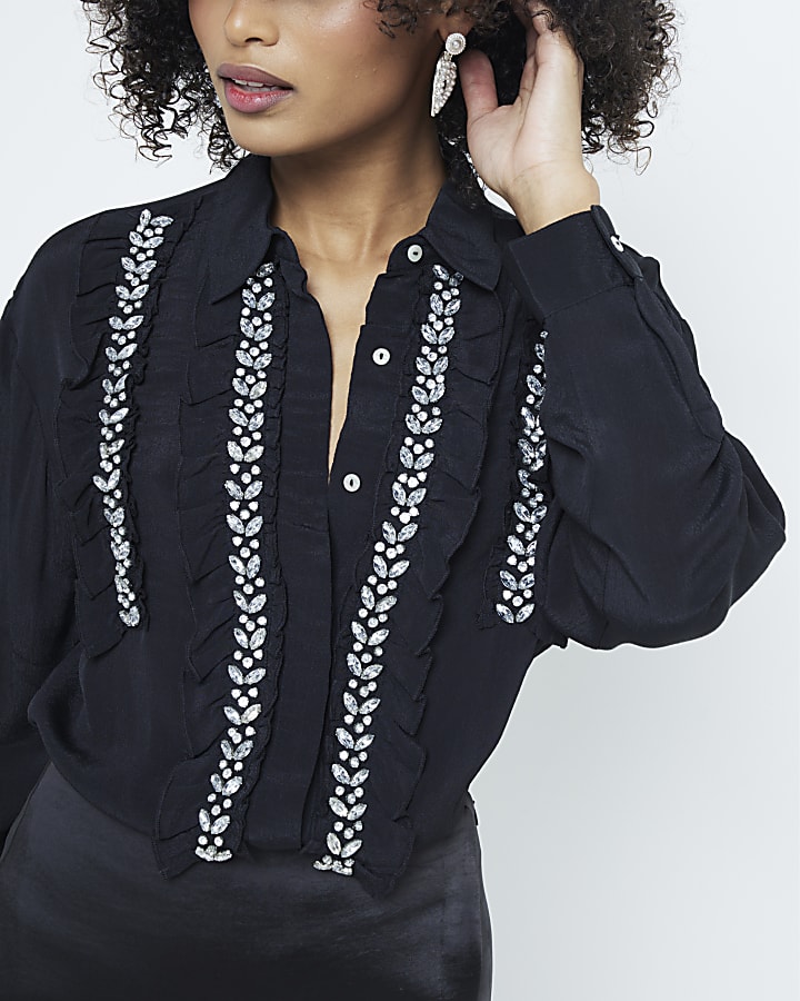 Black Frilled Diamante Trim Shirt