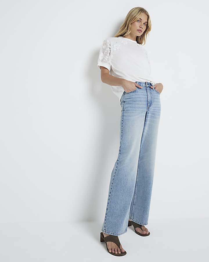 White floral lace sleeve t-shirt
