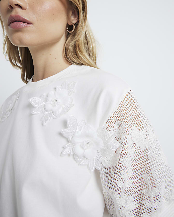 White floral lace sleeve t-shirt