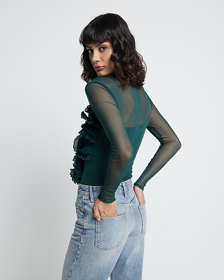 Green Mesh Frill Long Sleeve Bodysuit