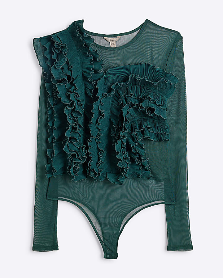 Green Mesh Frill Long Sleeve Bodysuit