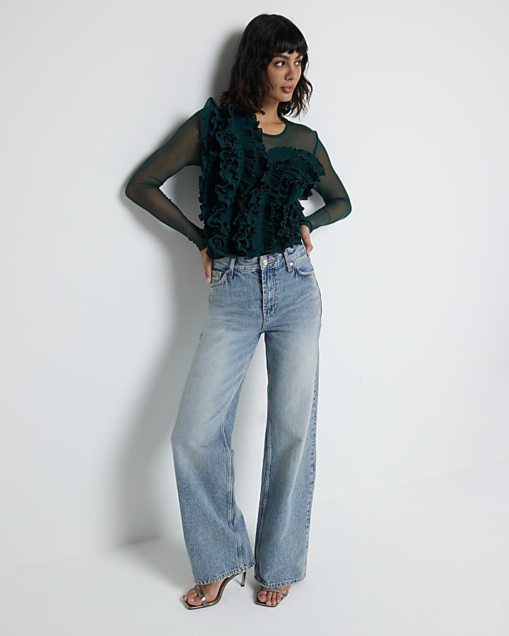 Green Mesh Frill Long Sleeve Bodysuit