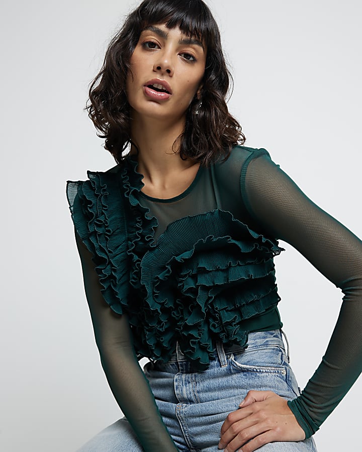 Green Mesh Frill Long Sleeve Bodysuit