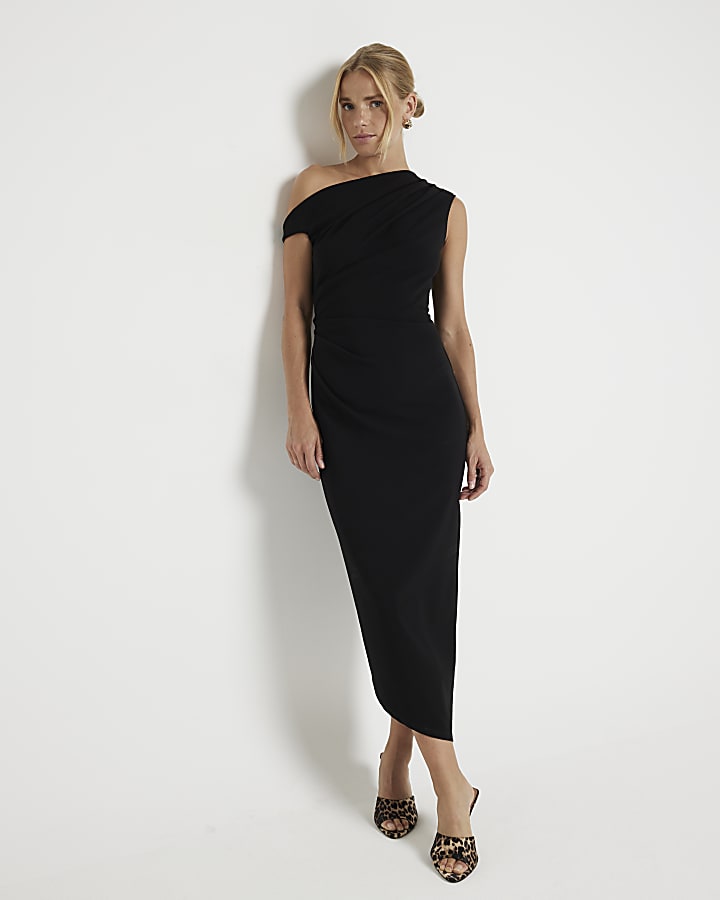 Black off shoulder bodycon midi dress