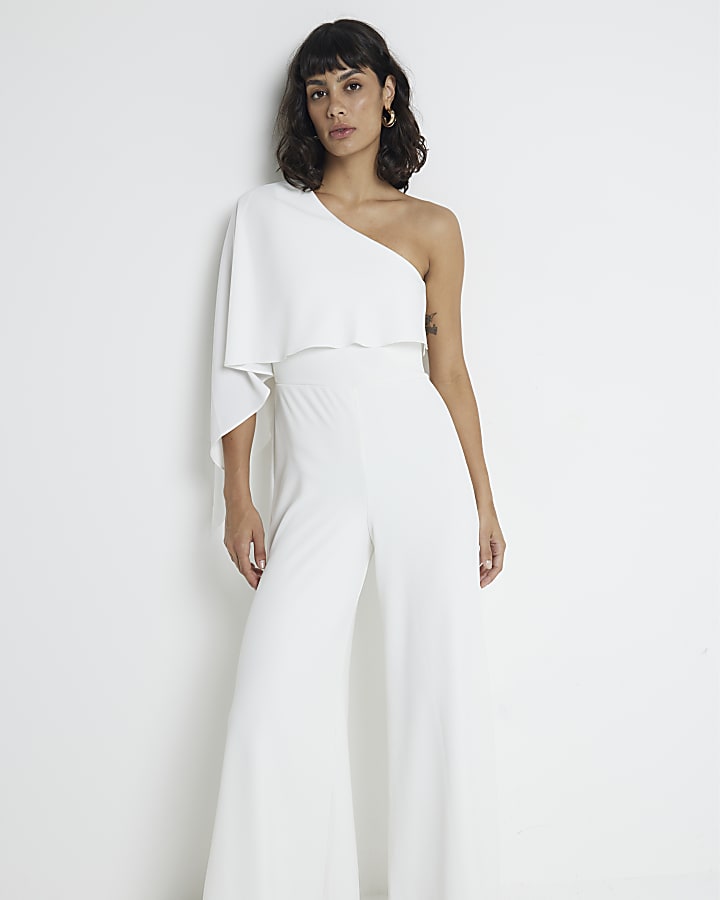 White Asymmetric Cape Jumpsuit