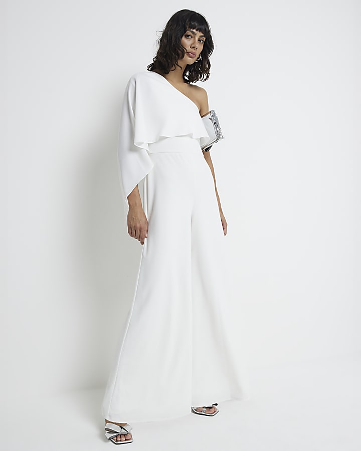 White Asymmetric Cape Jumpsuit