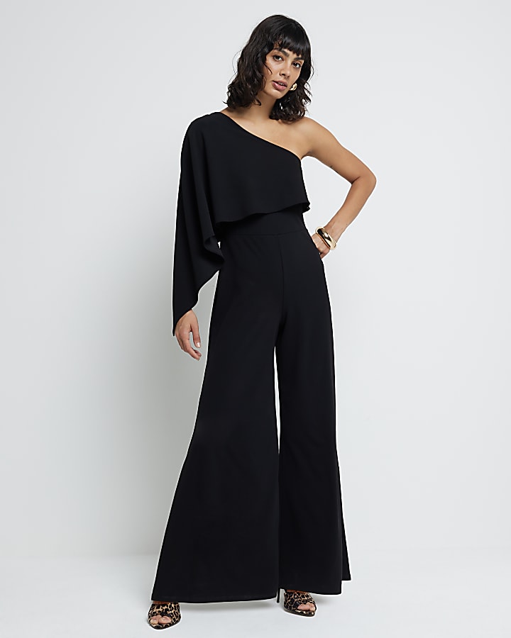 Black Asymmetric Cape Jumpsuit