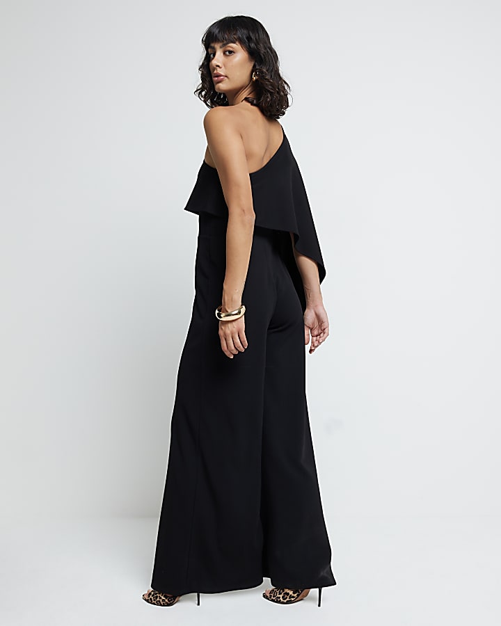 Black Asymmetric Cape Jumpsuit